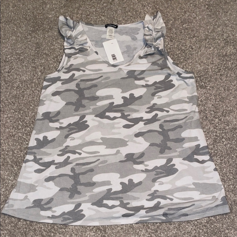 NWT! Hemish Stylish Camouflage Ruffle Tank Top, XL